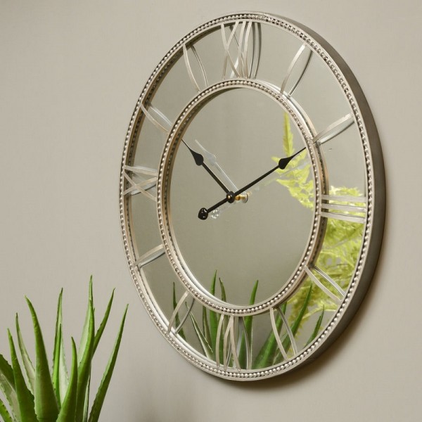 Grey Beaded Mirrored Wall Clock, Beaded Mirror Wall Clocks