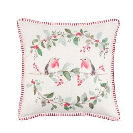 Christmas Heritage Cushion Robins and Red Berry Wreath Design
