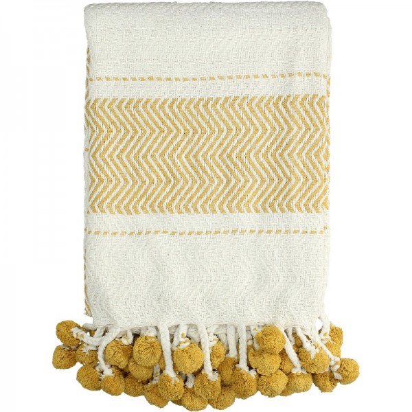 Cotton Throw with Chevron Pattern and Pom Poms