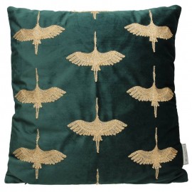 Embroidered Cranes Cushion in Green and Gold velvet. 