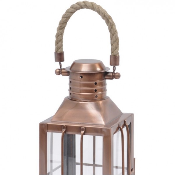 Antiqued Copper Lantern with Rope Handle - Large 